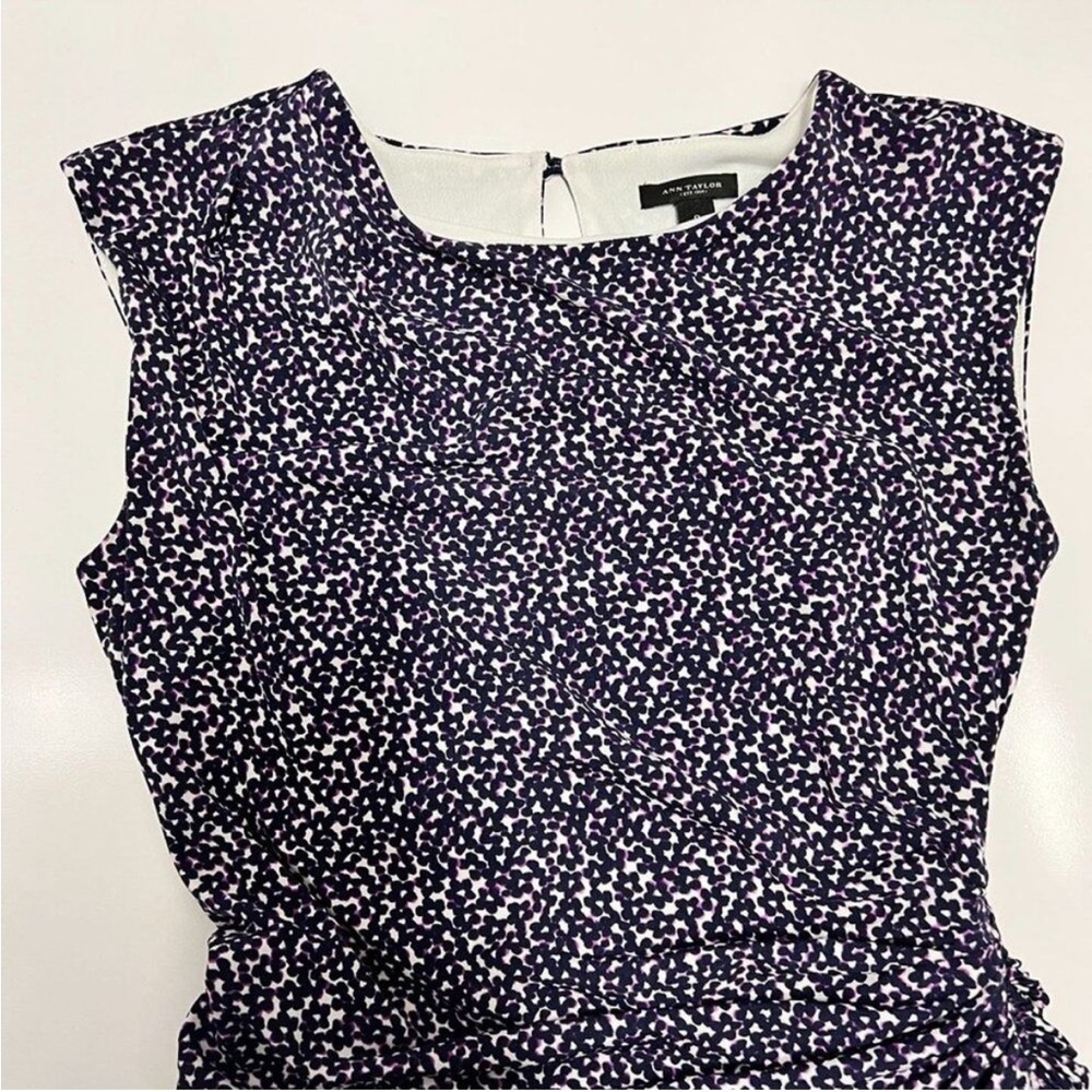 Ann Taylor - Sleeveless Ruched Side Slip Dress in Navy Purple & White Print - Picture 2 of 9